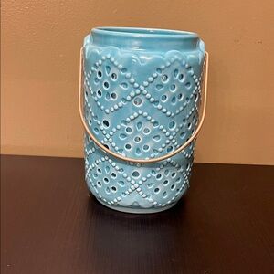 Blue Ceramic Lantern Candle Holder with Gold Handle